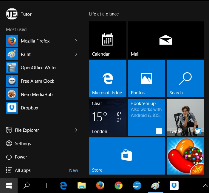 This is the Start Menu on the screen of a device running Windows 10